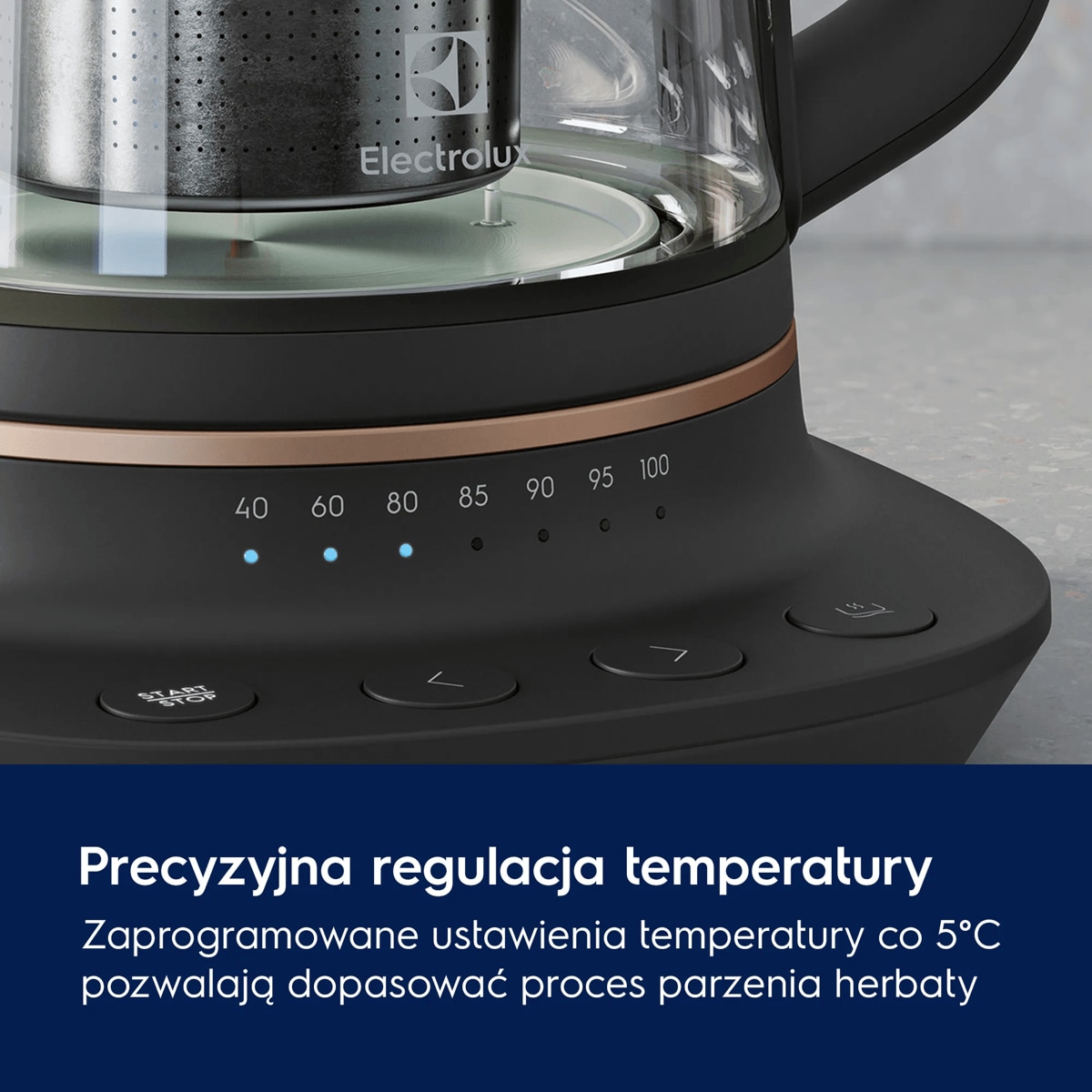 A photo of a glass kettle describing how Temperature Regualtions work