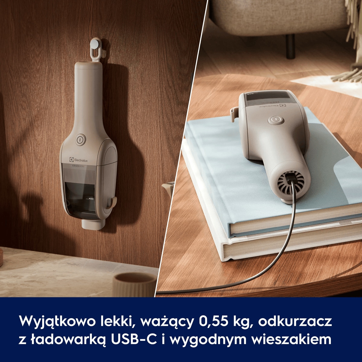 Wyjątkowo lekki, ważący 0,55 kg, odkurzacz z ładowarką USB-C i wygodnym wieszakiem