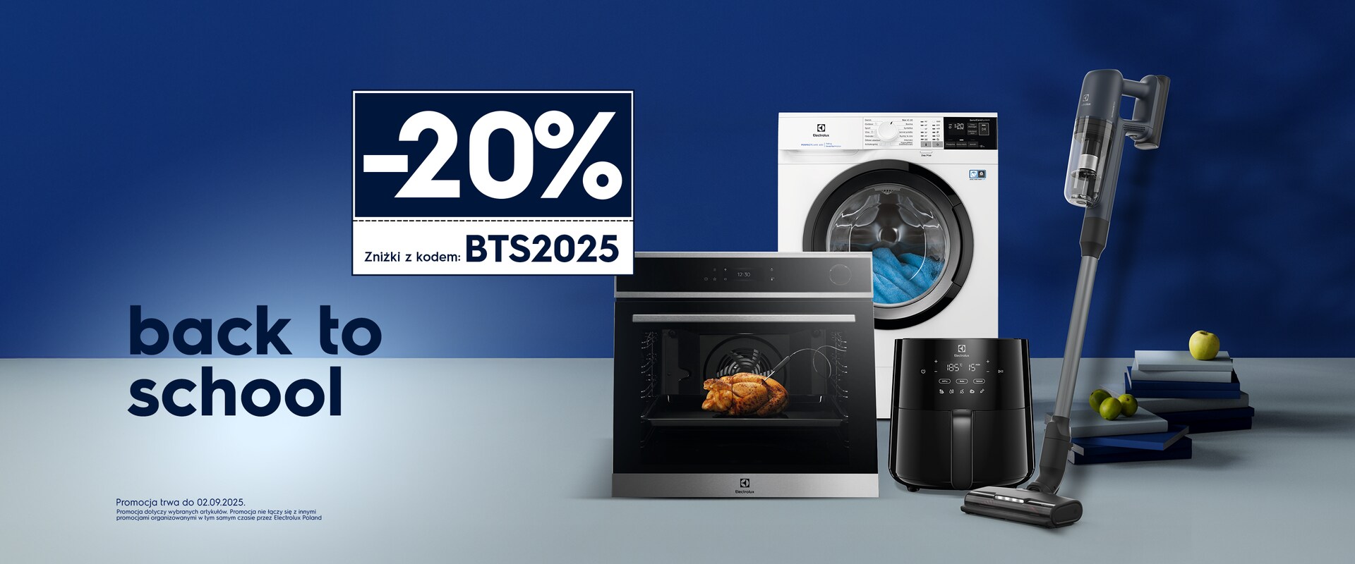 Promocja Back to school. Urządzenia Electrolux na niebieckim tle.