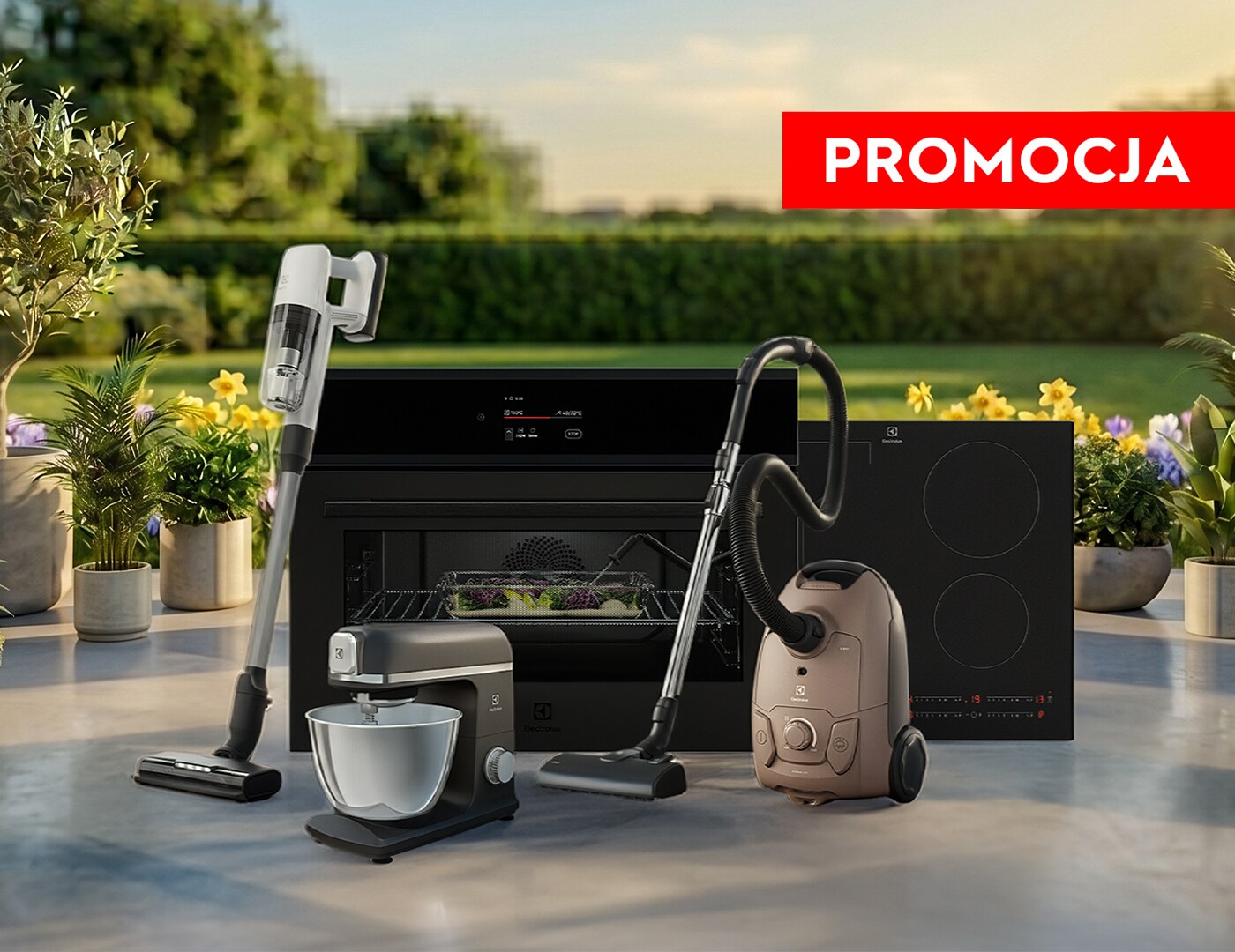 AGD od Electrolux na letnim tarasie pełnym kwiatów