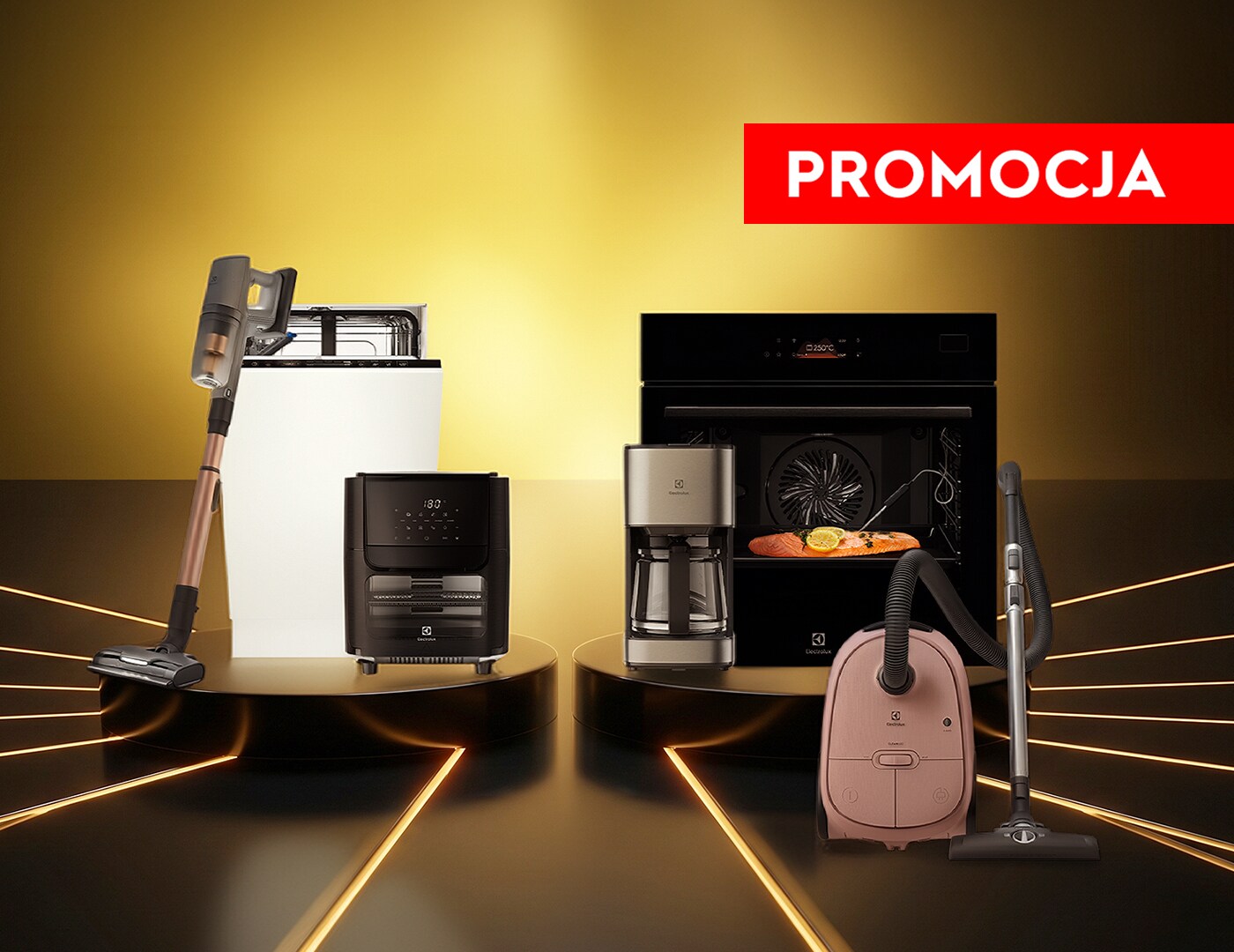 AGD od Electrolux na czarnych piedestałach na jasno żółtym tle