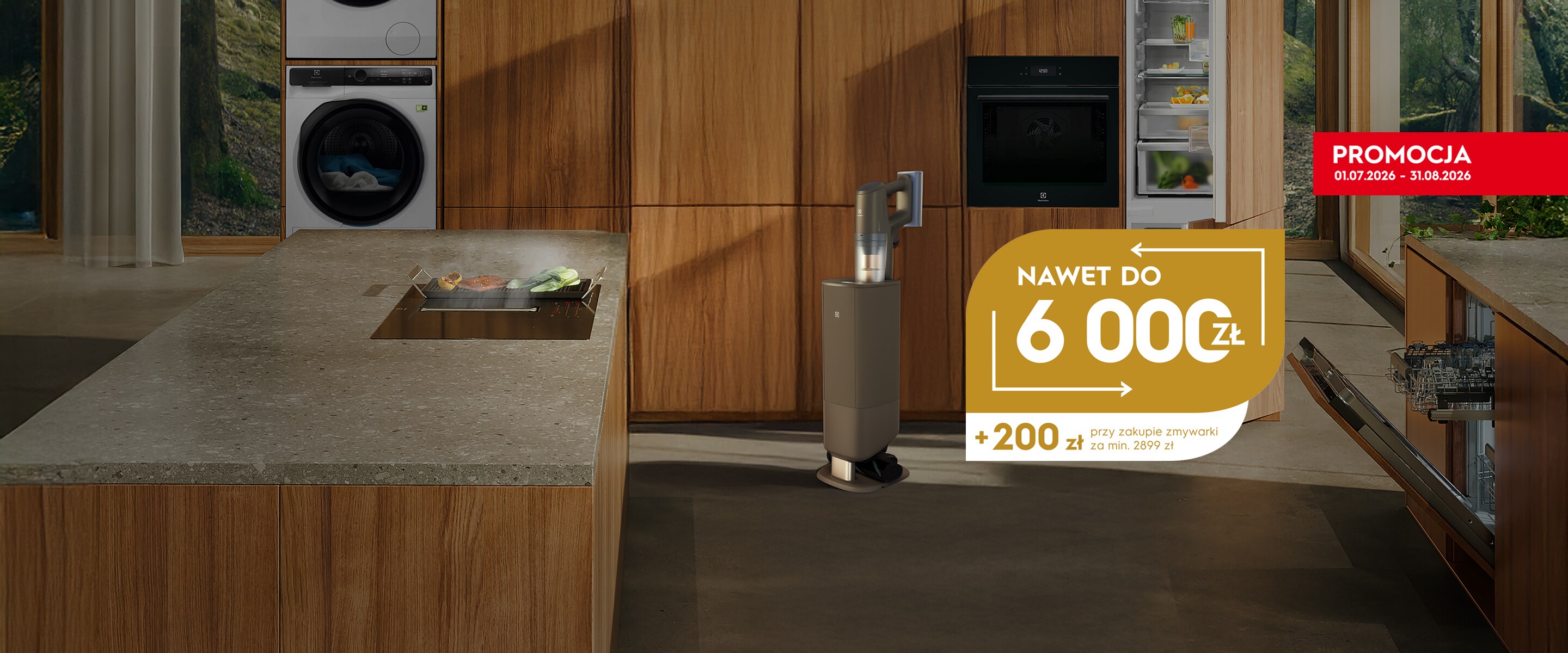 Promocja. Kup produkty Electrolux objęte promocją, a Electrolux zapłaci od 1 do 5 Twoich rachunków do wysokości przyznanej nagrody. Zdjęcie kompleksowo wyposażonej kuchni w zabudowie