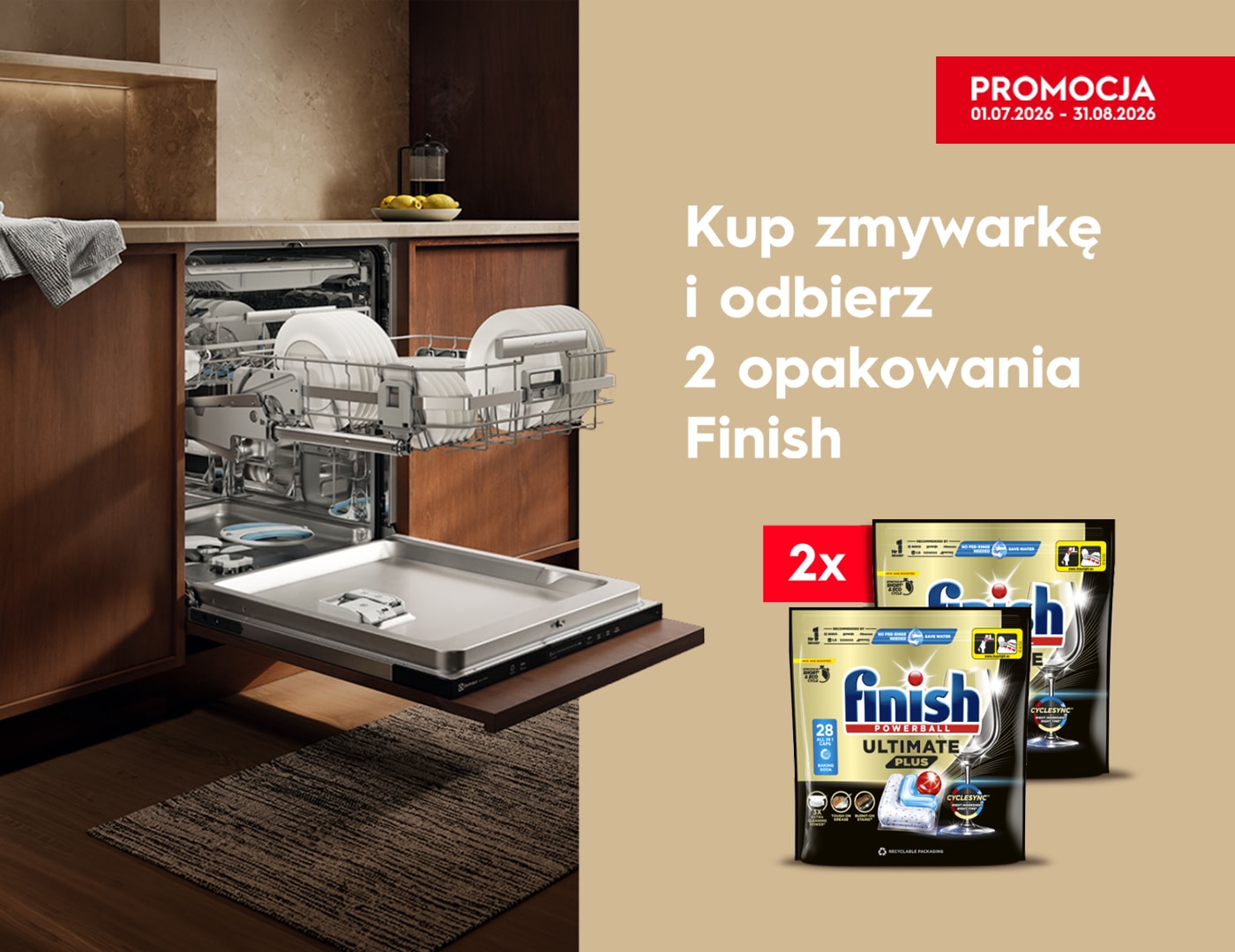 Kup zmywarkę i odbierz 2 opakowania Finish, zmywarka w zabudowie obok dwóch opakowań kapsułek Finish