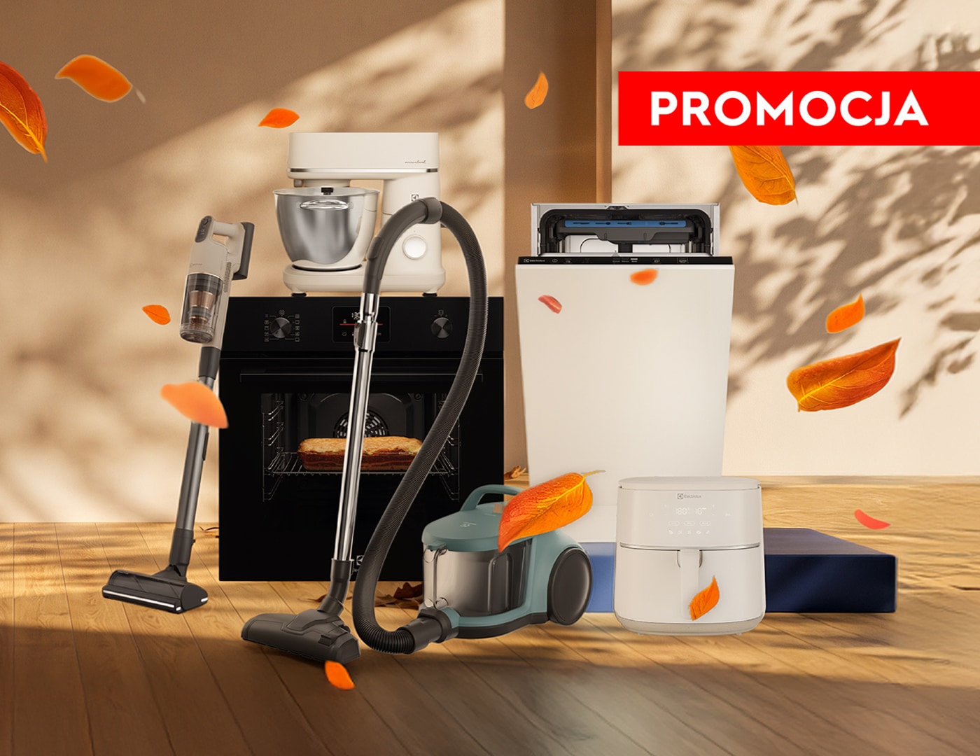 Promocja. Urządzenia Electrolux w oświetlonym pokoju, do którego wpadają jesienne liście, opadając na drewnianą podłogę