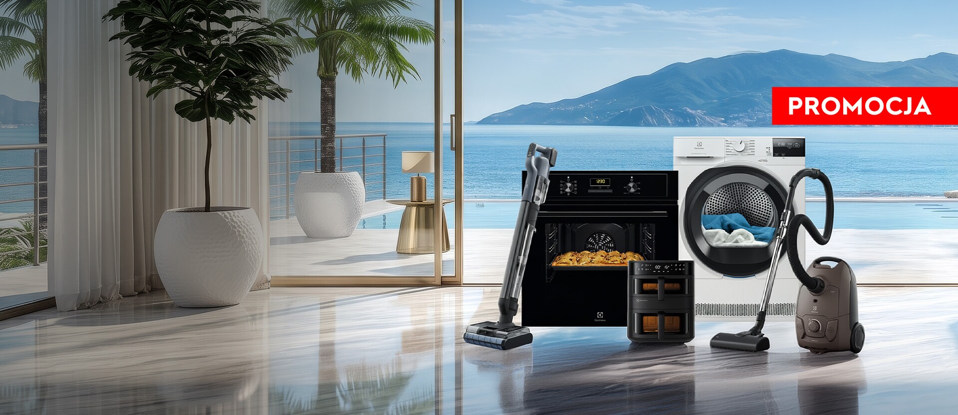 Promocja. Urządzenia Electrolux w jasnym pokoju na tle morza i gór