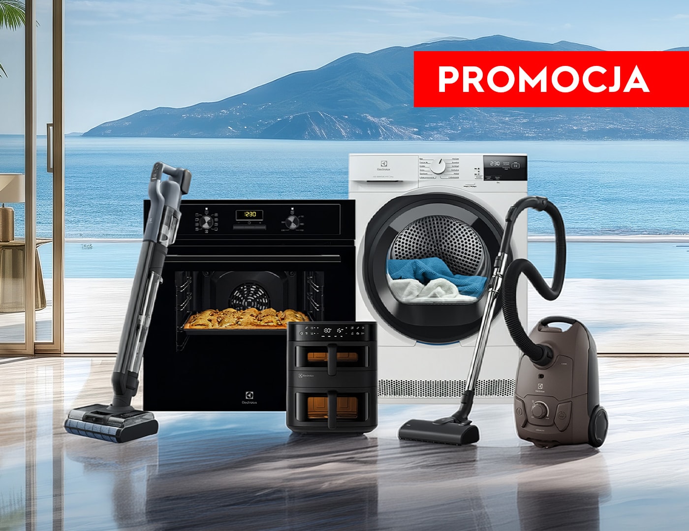 Promocja. Urządzenia Electrolux w jasnym pokoju na tle morza i gór