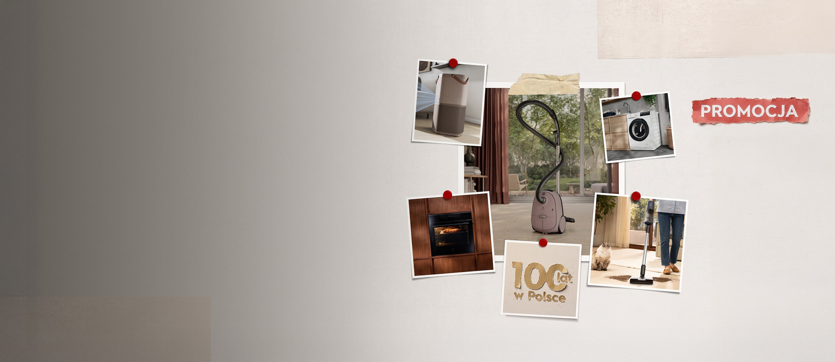 100 lat Electrolux w Polsce. Promocja. Wydrukowane zdjęcia urządzeń Electrolux z białym obramowaniem przyklejone do jasnej tablicy