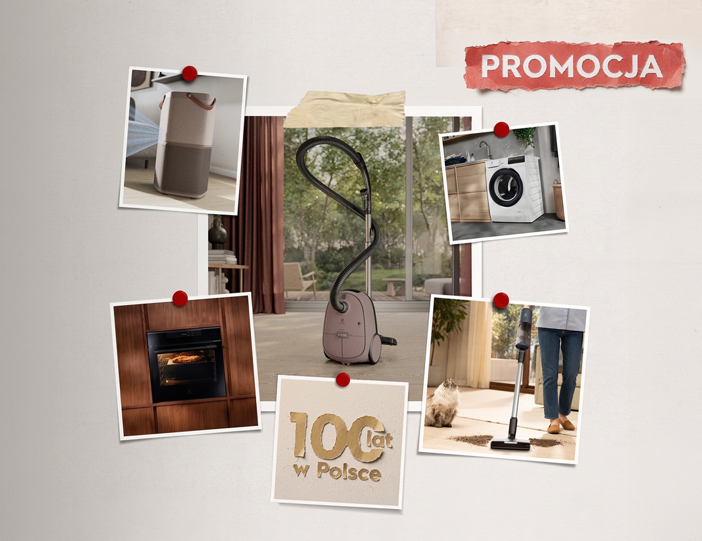 100 lat Electrolux w Polsce. Promocja. Wydrukowane zdjęcia urządzeń Electrolux z białym obramowaniem przyklejone do jasnej tablicy