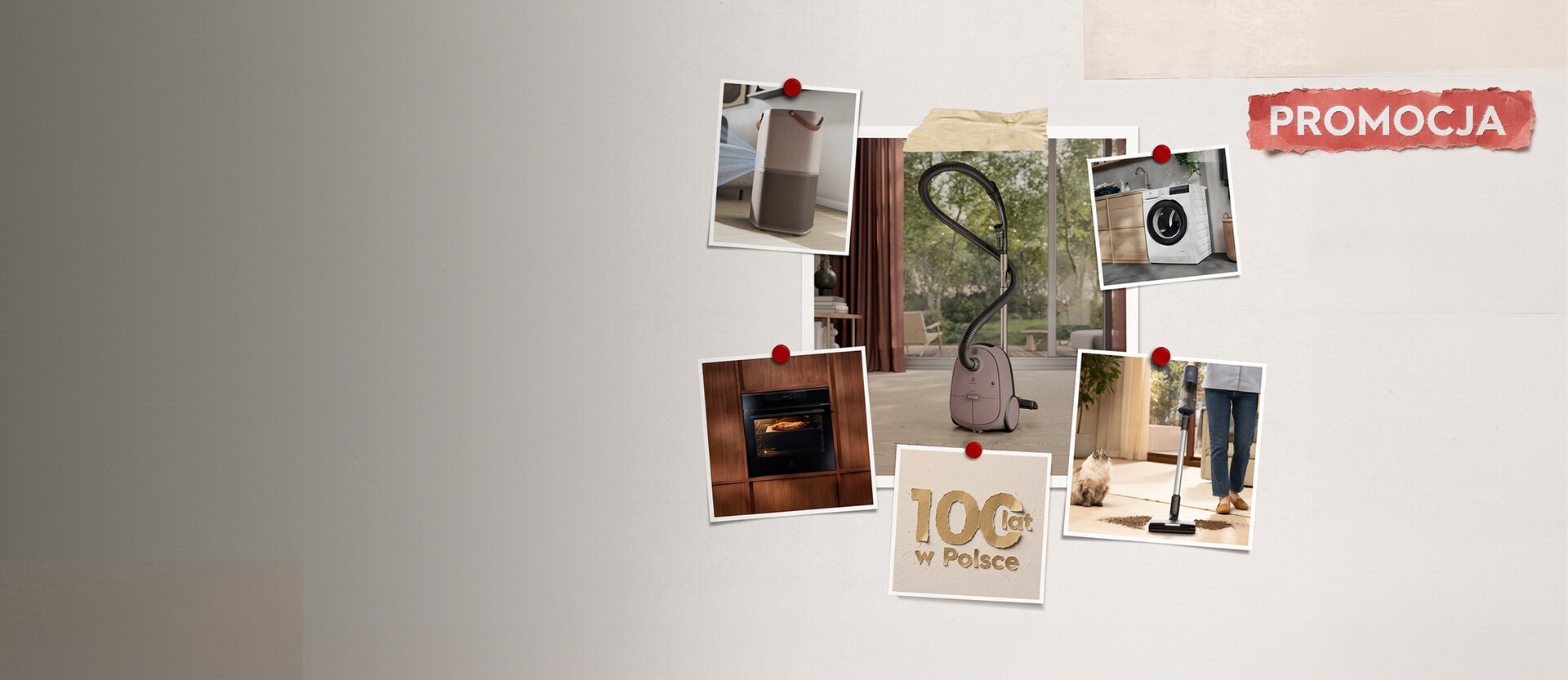100 lat Electrolux w Polsce. Promocja. Wydrukowane zdjęcia urządzeń Electrolux z białym obramowaniem przyklejone do jasnej tablicy