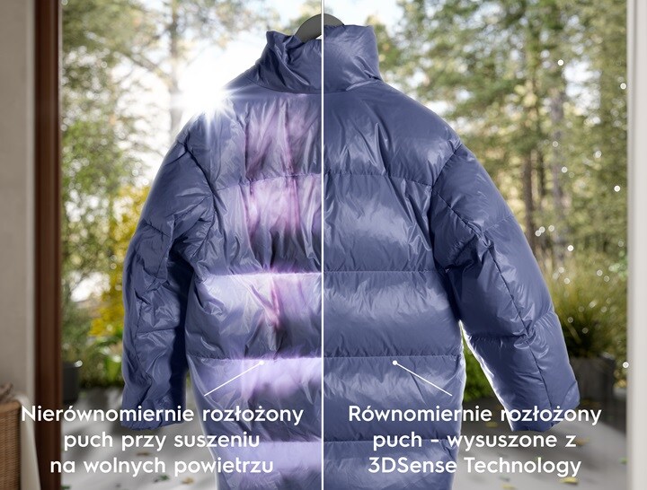 Fioletowa kurtka puchowa w kontrastowych odcieniach na tle zieleni.