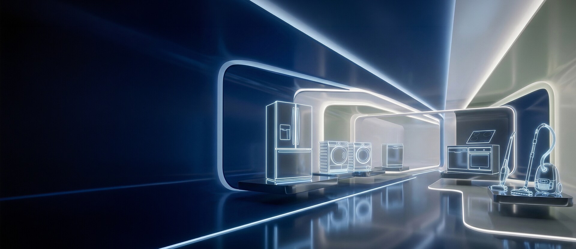 Futurystyczna wizualizacja AGD od Electrolux na niebiskim tle w kuchni przyszłości